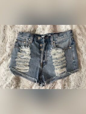 MINKPINK High-Rise Distressed Denim Shorts - Blue